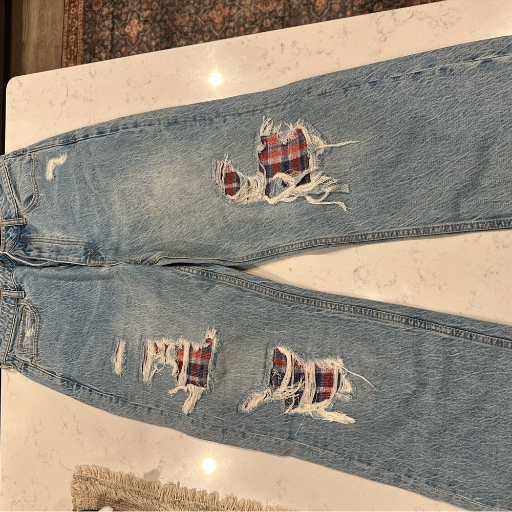 Women’s Distressed Blue Jeans with Plaid Accents